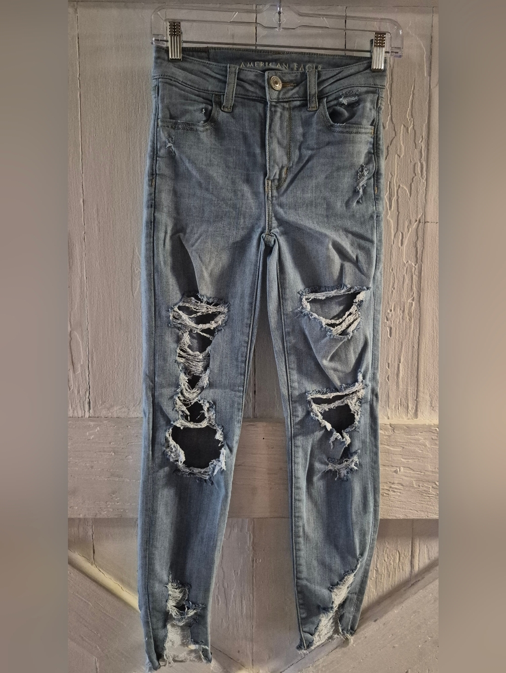 American Eagle Size 0 Distressed Jeans 25x24 11-inch High Rise Pants Holes